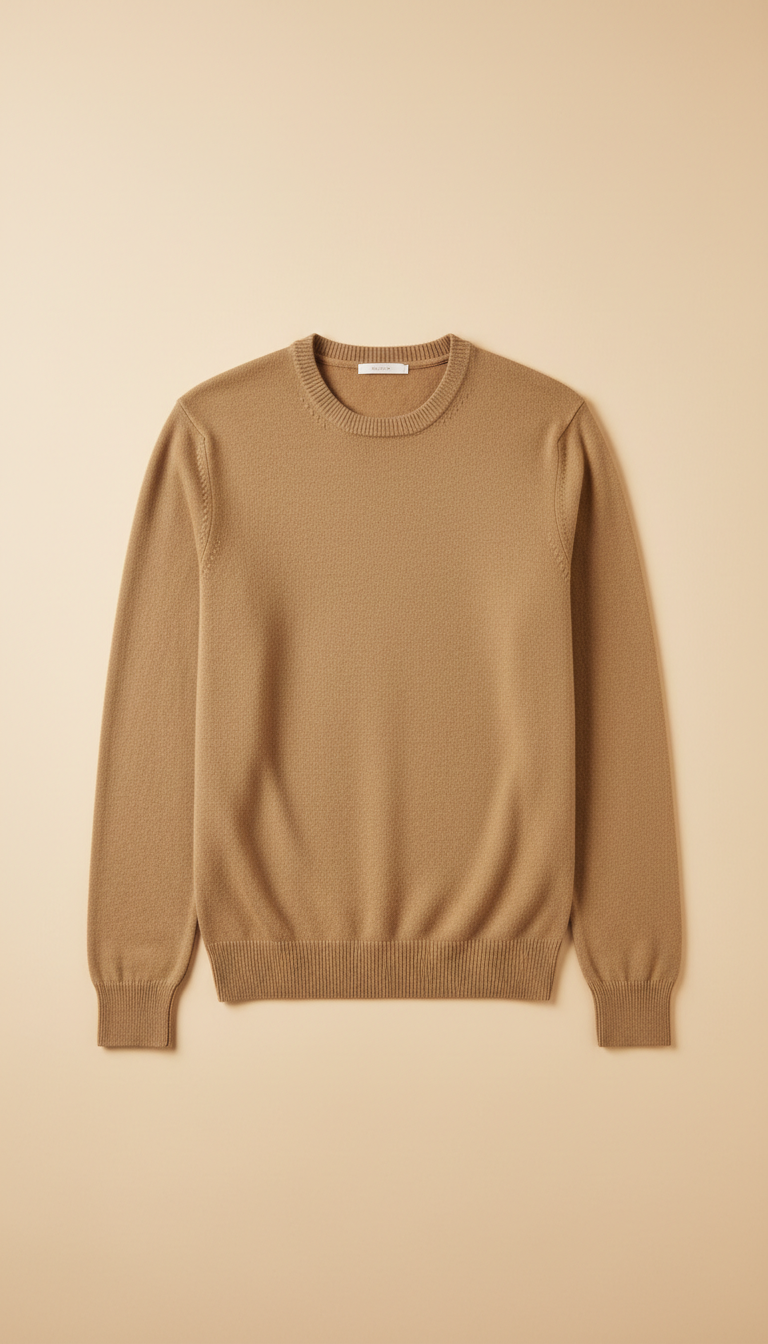 Camel Fine-Knit Crewneck Sweater